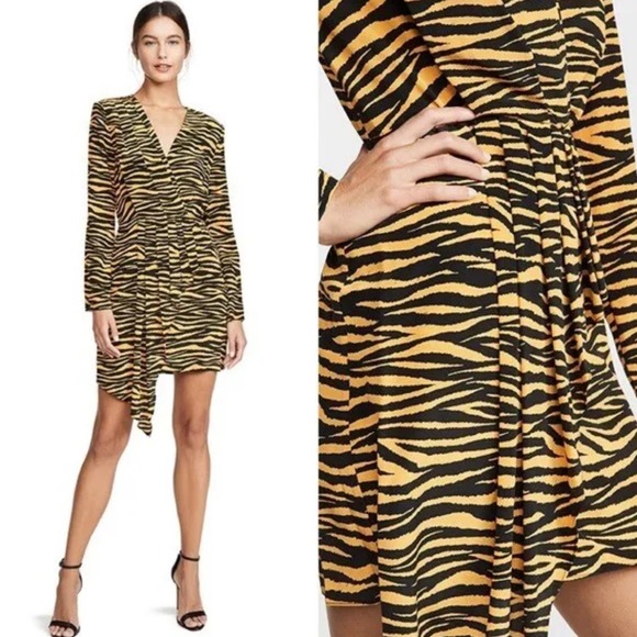 A.L.C. Jensen 100% Silk Tiger Print Draped Cocktail Dress 6 $550 - Picture 2 of 9